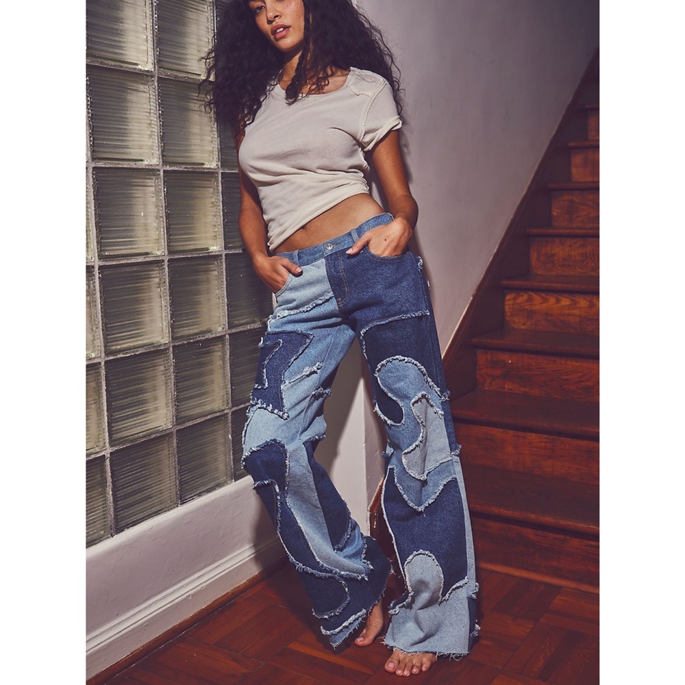 Free People Supernova Denim Wide Leg Whimsical Patched Frayed Jeans 26